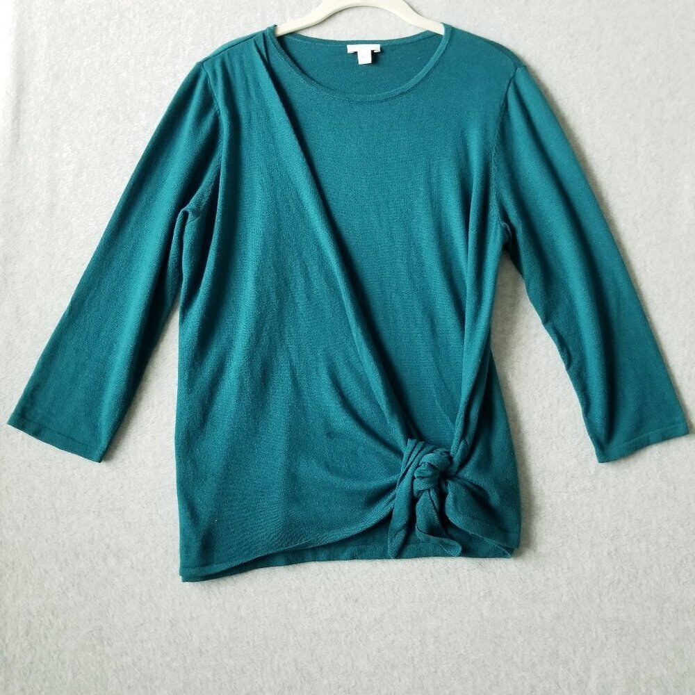 J Jill Womens Large Faux Wrap Tie Front Knit Top Blue Green Soft Lightweight